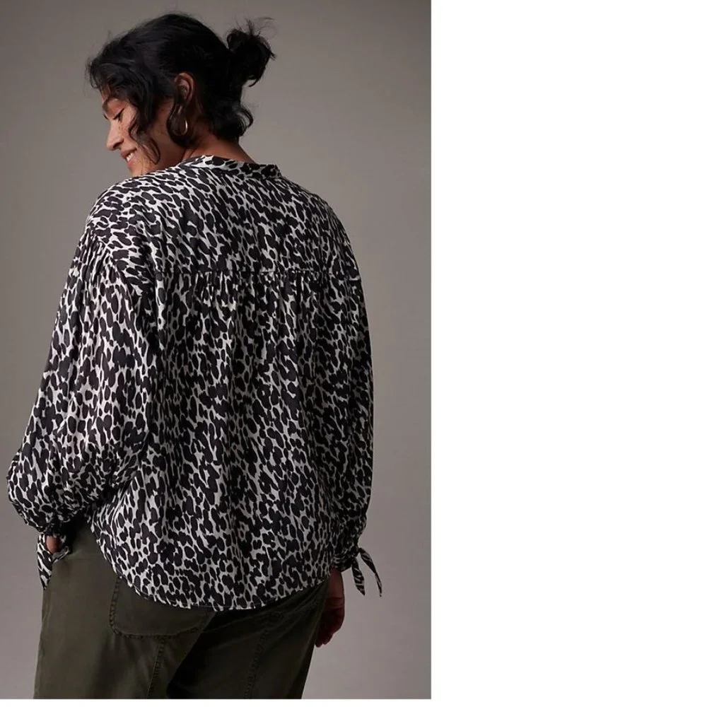 Anthropologie Maeve Blouse Ashleigh Puff-Sleeved 3x Black & White Animal Print